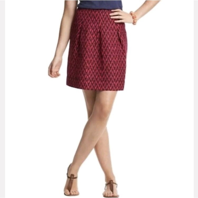 Loft Mini Skirt Zigzag Ikat Pleated Linen Blend Pink Burgundy 4 Preppy Career
